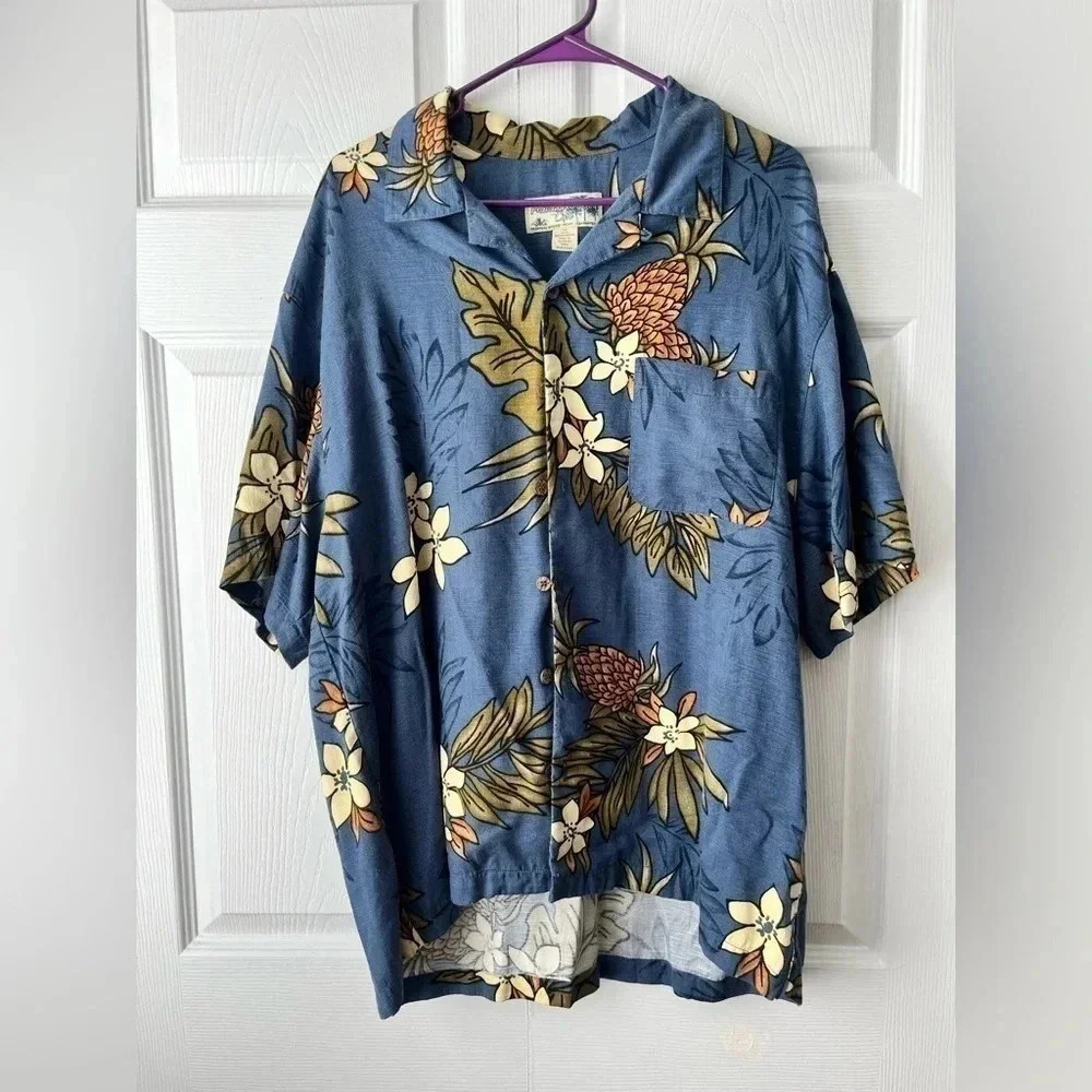 Havana Jacks Cafe VTG blue pineapple rayon Hawaiian shirt Size XL